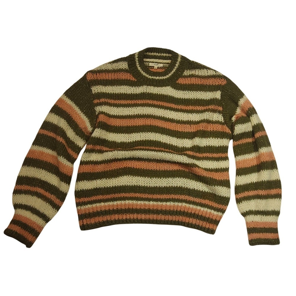 Easel Los Angeles Womens Striped‎ Chunky Knit Sweater Olive Green Peach Small